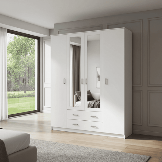Amos Mann Furniture Kano white 4 door mirrored wardrobe in a modern bedroom setting
