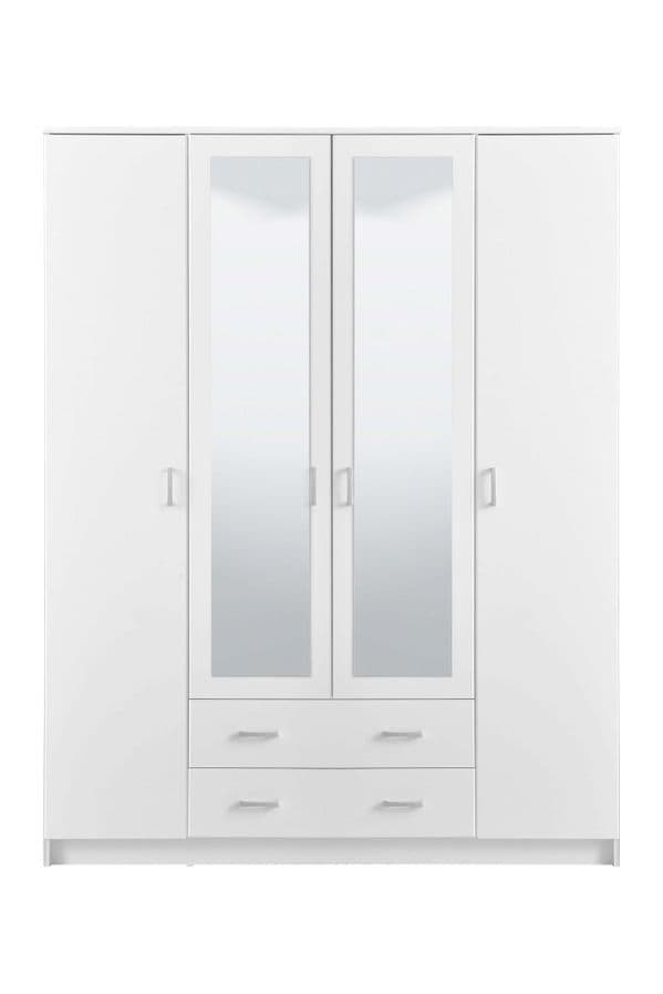 Amos Mann Furniture Kano white 4 door mirrored wardrobe in a modern bedroom setting