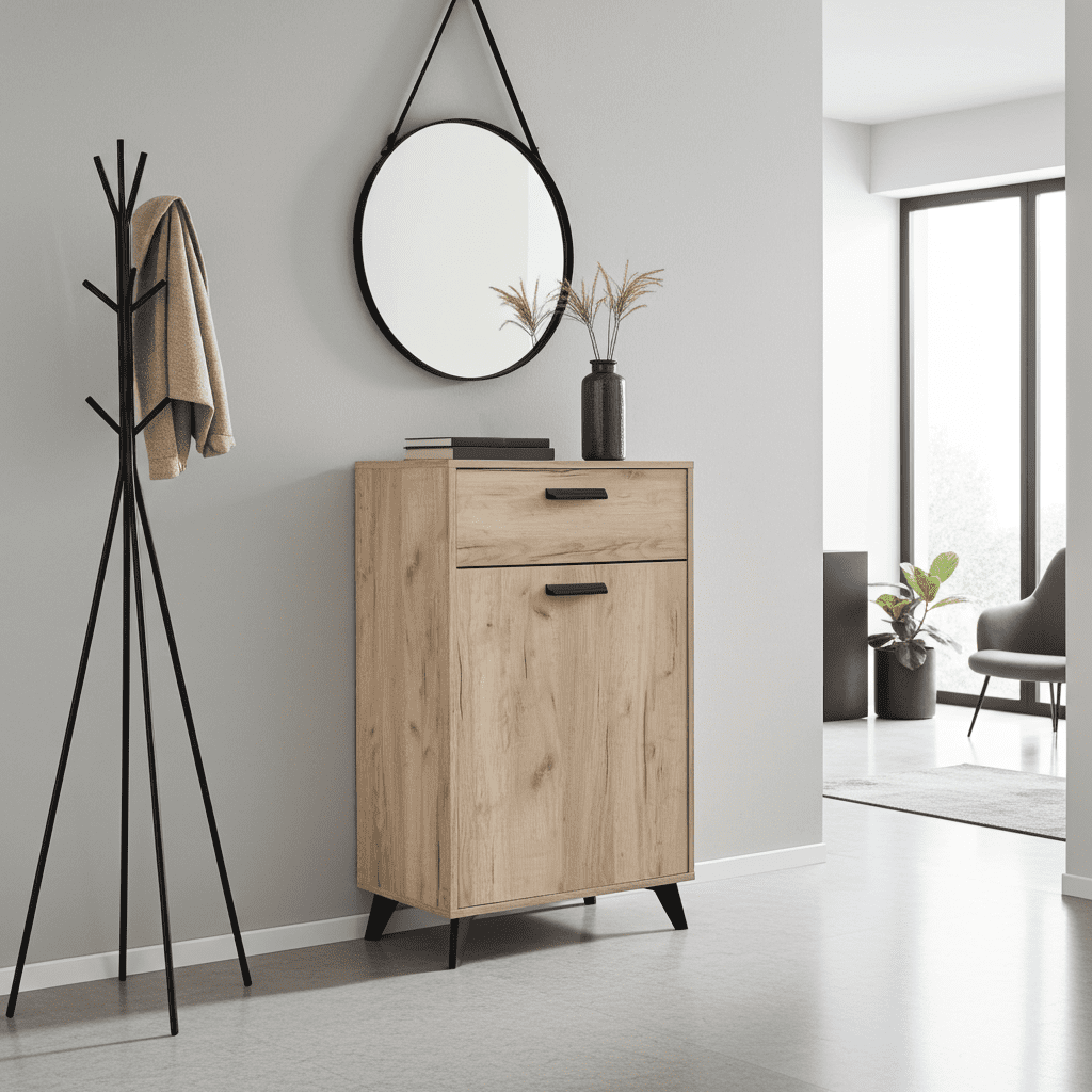 Amos Mann Furniture Kenzo grey oak sideboard with black legs in a modern living room setting