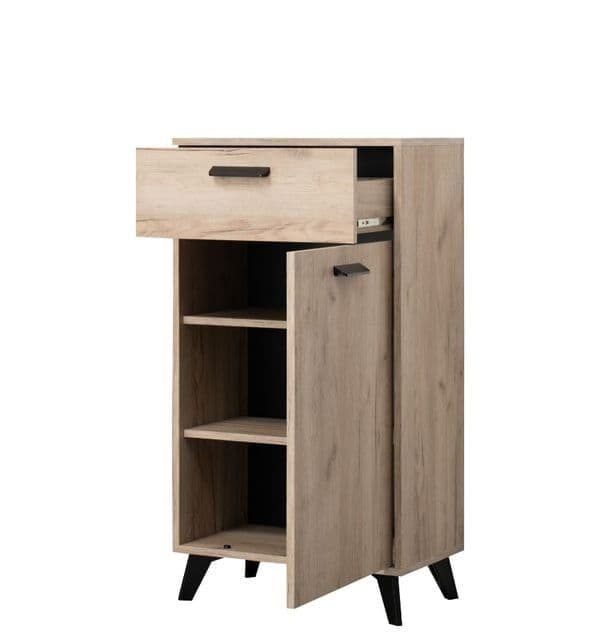 Amos Mann Furniture Kenzo grey oak sideboard with black legs in a modern living room setting