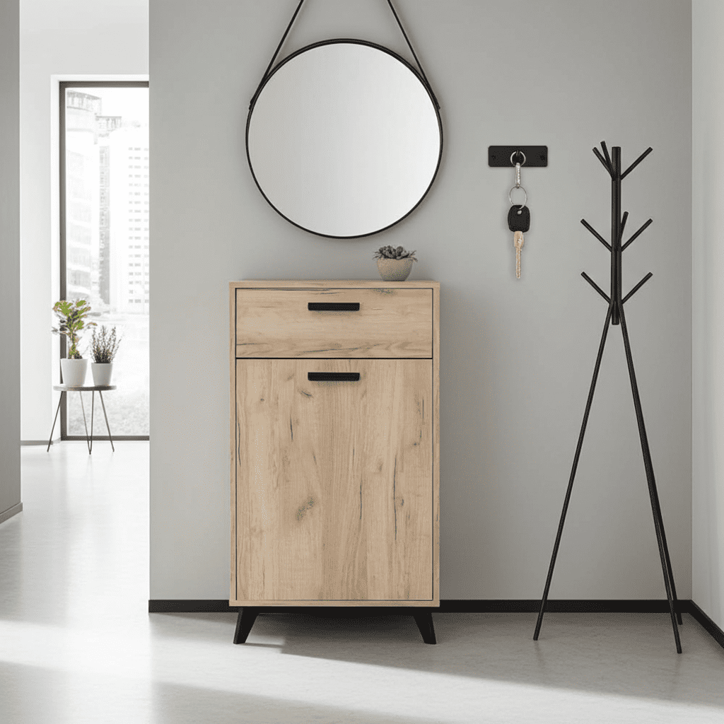Amos Mann Furniture Kenzo grey oak sideboard with black legs in a modern living room setting