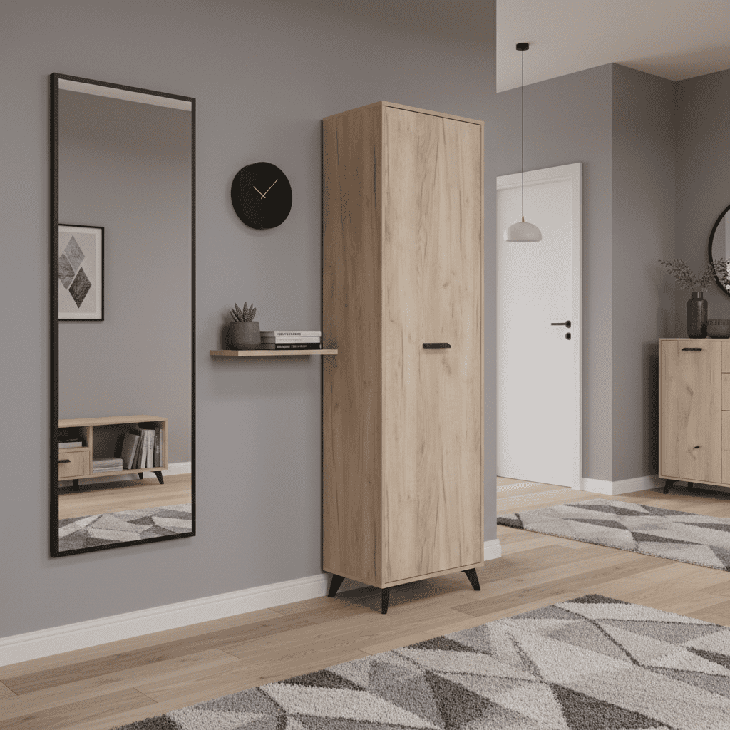 Amos Mann Furniture Kenzo grey oak slim wardrobe with black legs in a modern bedroom setting