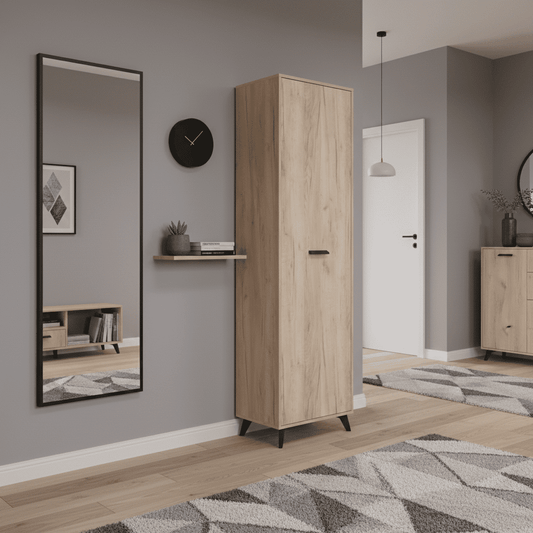Amos Mann Furniture Kenzo grey oak slim wardrobe with black legs in a modern bedroom setting