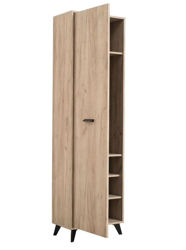 Amos Mann Furniture Kenzo grey oak slim wardrobe with black legs in a modern bedroom setting