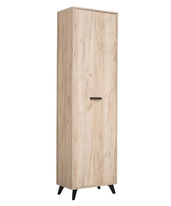 Amos Mann Furniture Kenzo grey oak slim wardrobe with black legs in a modern bedroom setting