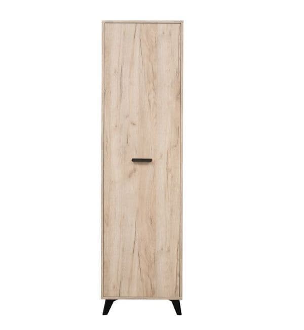 Amos Mann Furniture Kenzo grey oak slim wardrobe with black legs in a modern bedroom setting