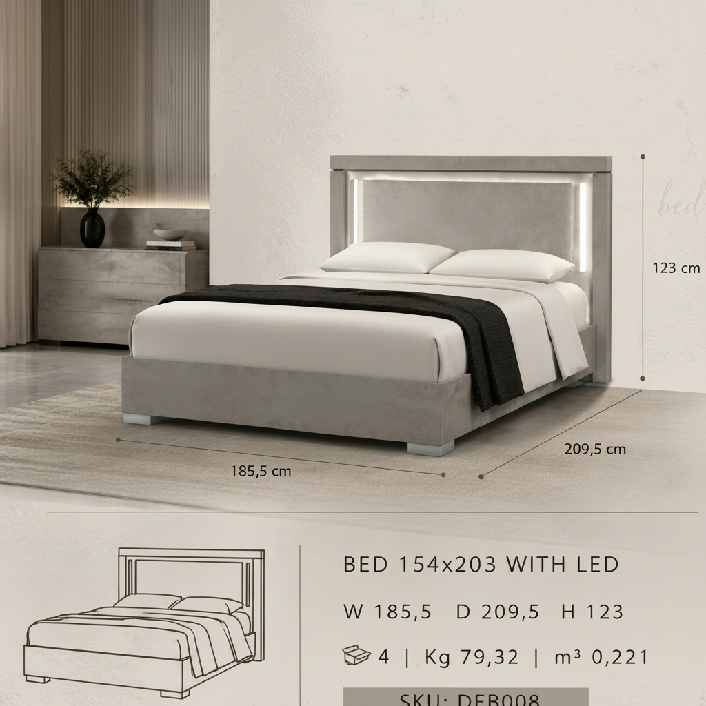 Italian Design King Bed – Modern Headboard, LED Lighting