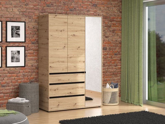 Amos Mann Furniture Kyoto artisan oak effect 3 door mirrored wardrobe with 3 drawers in a modern bedroom setting
