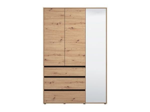 Amos Mann Furniture Kyoto artisan oak effect 3 door mirrored wardrobe with 3 drawers in a modern bedroom setting