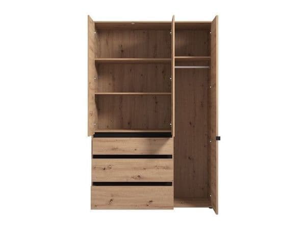 Amos Mann Furniture Kyoto artisan oak effect 3 door mirrored wardrobe with 3 drawers in a modern bedroom setting