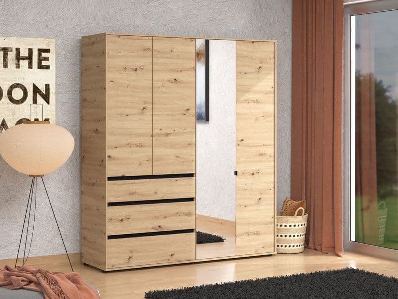 Amos Mann Furniture Kyoto artisan oak effect 4 door mirrored wardrobe with 3 drawers in a modern bedroom setting