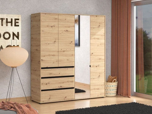 Amos Mann Furniture Kyoto artisan oak effect 4 door mirrored wardrobe with 3 drawers in a modern bedroom setting