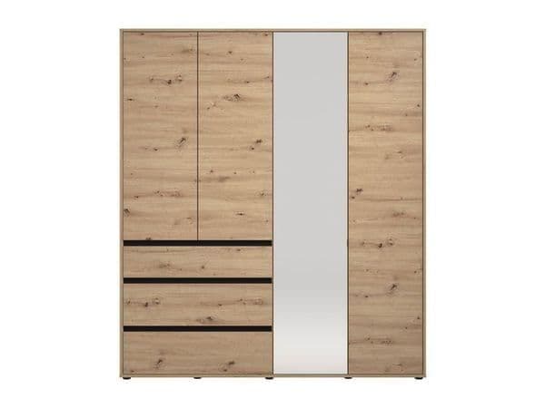 Amos Mann Furniture Kyoto artisan oak effect 4 door mirrored wardrobe with 3 drawers in a modern bedroom setting