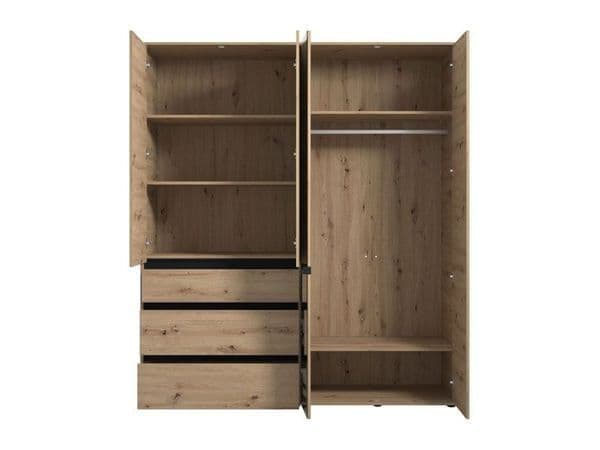 Amos Mann Furniture Kyoto artisan oak effect 4 door mirrored wardrobe with 3 drawers in a modern bedroom setting