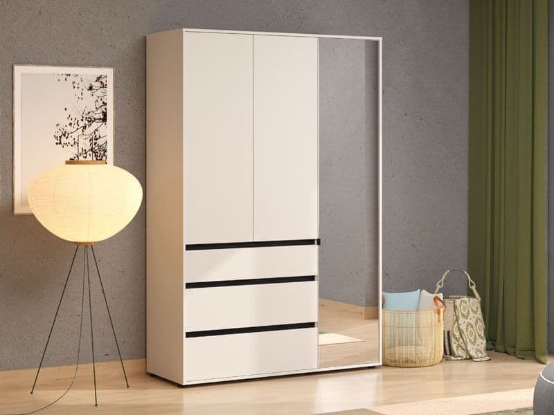 Amos Mann Furniture Kyoto cashmere 3 door mirrored wardrobe with 3 drawers in a modern bedroom setting