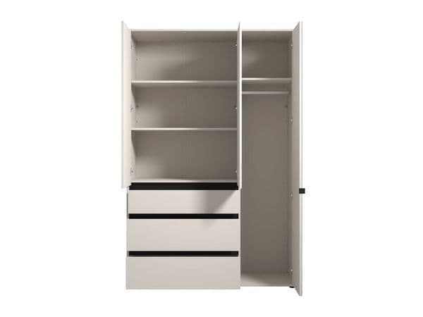 Amos Mann Furniture Kyoto cashmere 3 door mirrored wardrobe with 3 drawers in a modern bedroom setting