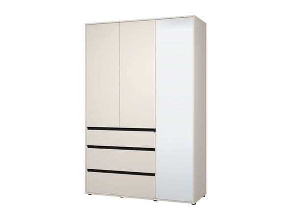 Amos Mann Furniture Kyoto cashmere 3 door mirrored wardrobe with 3 drawers in a modern bedroom setting