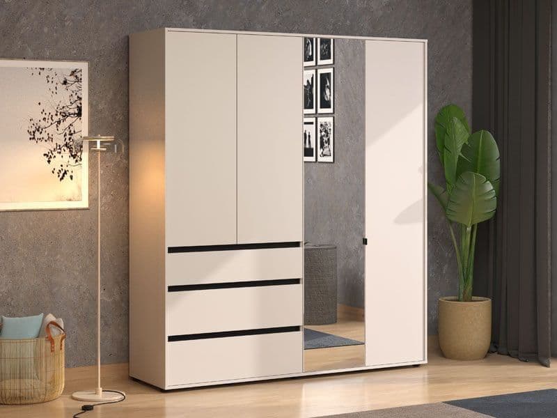 Amos Mann Furniture Kyoto cashmere 4 door mirrored wardrobe with 3 drawers in a modern bedroom setting
