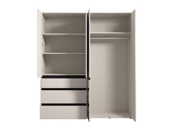 Amos Mann Furniture Kyoto cashmere 4 door mirrored wardrobe with 3 drawers in a modern bedroom setting