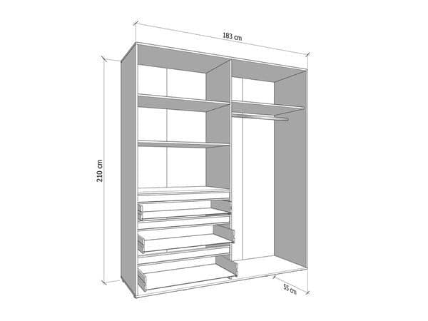 Amos Mann Furniture Kyoto cashmere 4 door mirrored wardrobe with 3 drawers in a modern bedroom setting