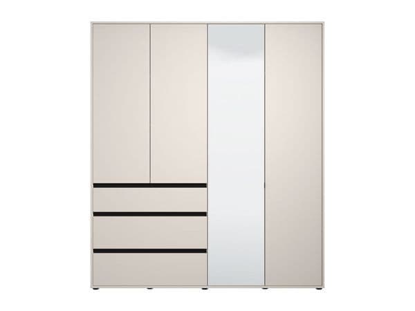 Amos Mann Furniture Kyoto cashmere 4 door mirrored wardrobe with 3 drawers in a modern bedroom setting