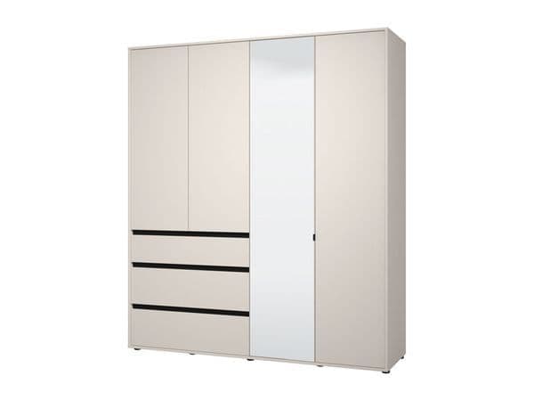 Amos Mann Furniture Kyoto cashmere 4 door mirrored wardrobe with 3 drawers in a modern bedroom setting