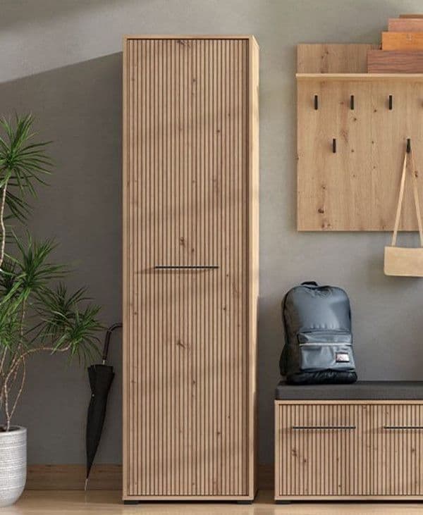 Amos Mann Furniture Lazo slatted artisan oak effect slim wardrobe in a modern bedroom setting