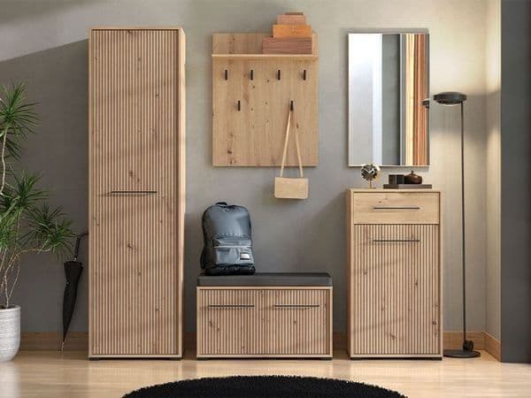 Amos Mann Furniture Lazo slatted artisan oak effect slim wardrobe in a modern bedroom setting