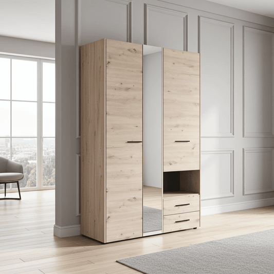 Amos Mann Furniture Limone grey oak 3 door wardrobe with mirror in a modern bedroom setting