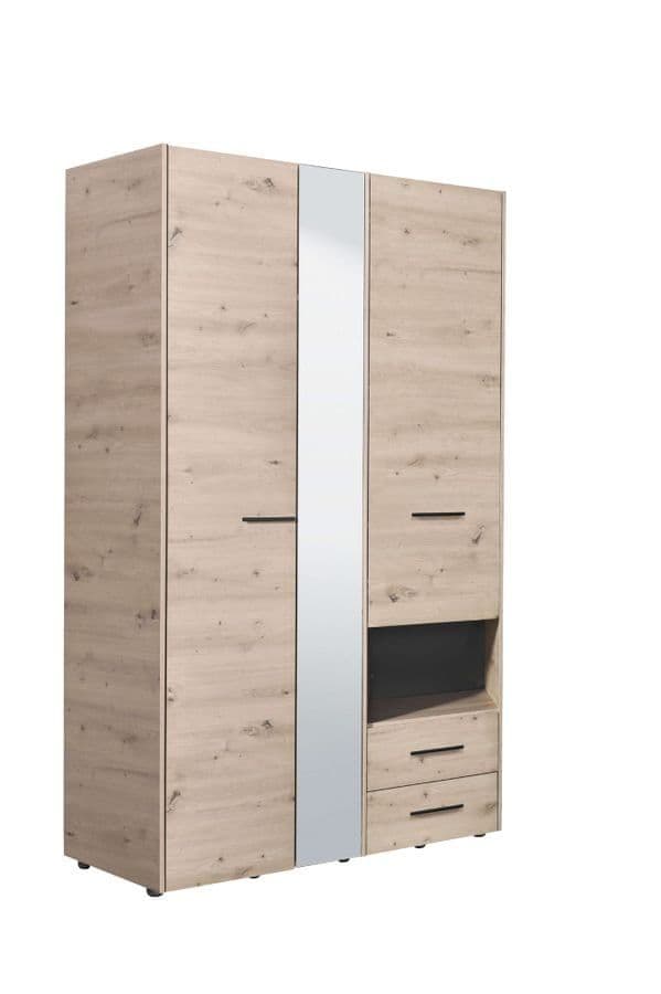Amos Mann Furniture Limone grey oak 3 door wardrobe with mirror in a modern bedroom setting