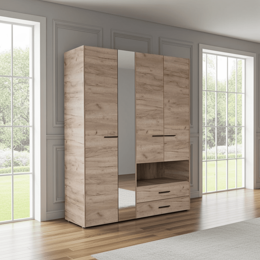 Amos Mann Furniture Limone grey oak 4 door wardrobe with mirror in a modern bedroom setting