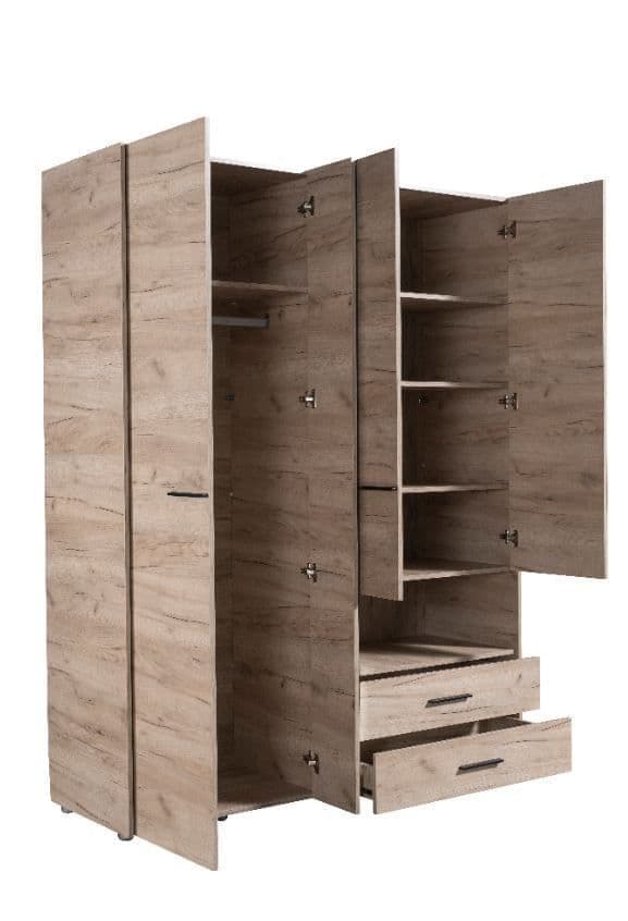 Amos Mann Furniture Limone grey oak 4 door wardrobe with mirror in a modern bedroom setting