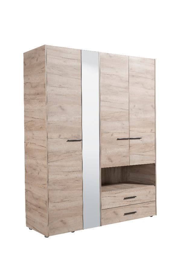 Amos Mann Furniture Limone grey oak 4 door wardrobe with mirror in a modern bedroom setting