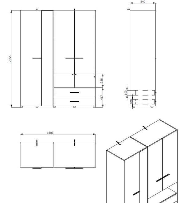 Amos Mann Furniture Limone grey oak 4 door wardrobe with mirror in a modern bedroom setting