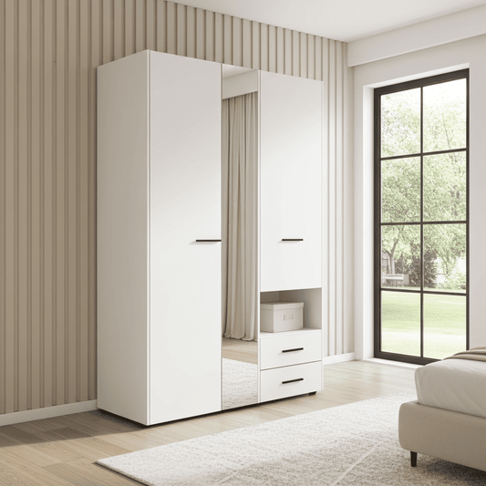 wardrobe, 3 door wardrobe, white wardrobe, mirrored wardrobe, bedroom storage, hanging rails wardrobe, shelves wardrobe, drawers wardrobe, modern wardrobe, elegant wardrobe, Amos Mann Furniture, Limone wardrobe