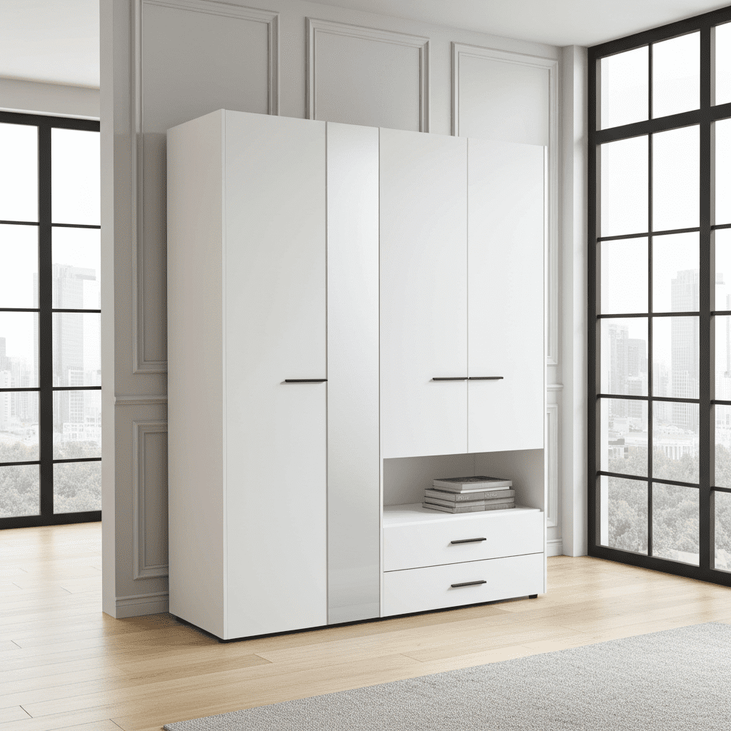 Amos Mann Furniture Limone white 4 door wardrobe with mirror in a modern bedroom setting