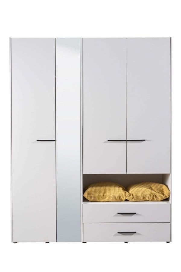 Amos Mann Furniture Limone white 4 door wardrobe with mirror in a modern bedroom setting