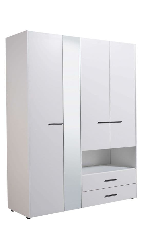 Amos Mann Furniture Limone white 4 door wardrobe with mirror in a modern bedroom setting