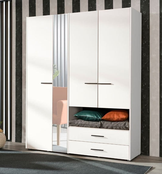 Amos Mann Furniture Limone white 4 door wardrobe with mirror in a modern bedroom setting