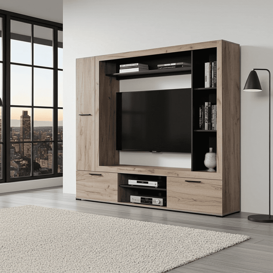 Modern grey oak and black entertainment unit with 3 doors and 6 shelves. Compact design with ample storage for any living space.