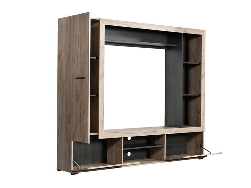 Lifestyle view of Amos Mann Furniture Lucerne grey oak and black entertainment unit in a stylish contemporary living room