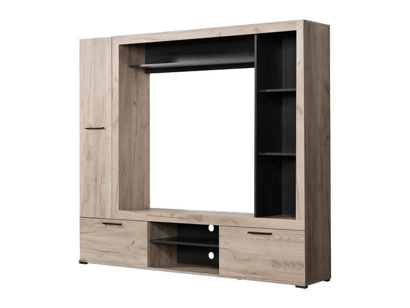 Lifestyle view of Amos Mann Furniture Lucerne grey oak and black entertainment unit in a stylish contemporary living room