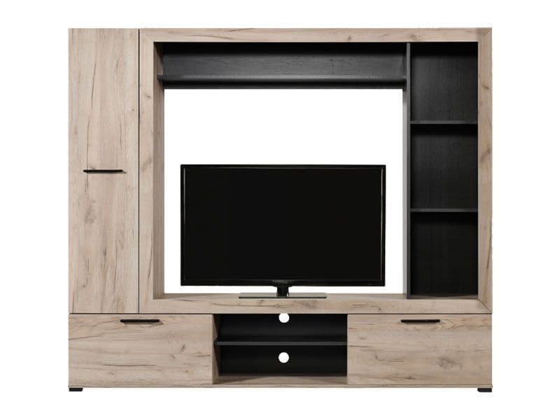 Lifestyle view of Amos Mann Furniture Lucerne grey oak and black entertainment unit in a stylish contemporary living room