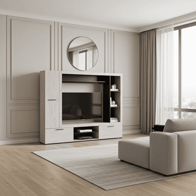 Amos Mann Furniture Lucerne oak entertainment unit in a modern living room setting