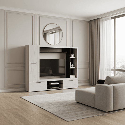 Amos Mann Furniture Lucerne oak entertainment unit in a modern living room setting