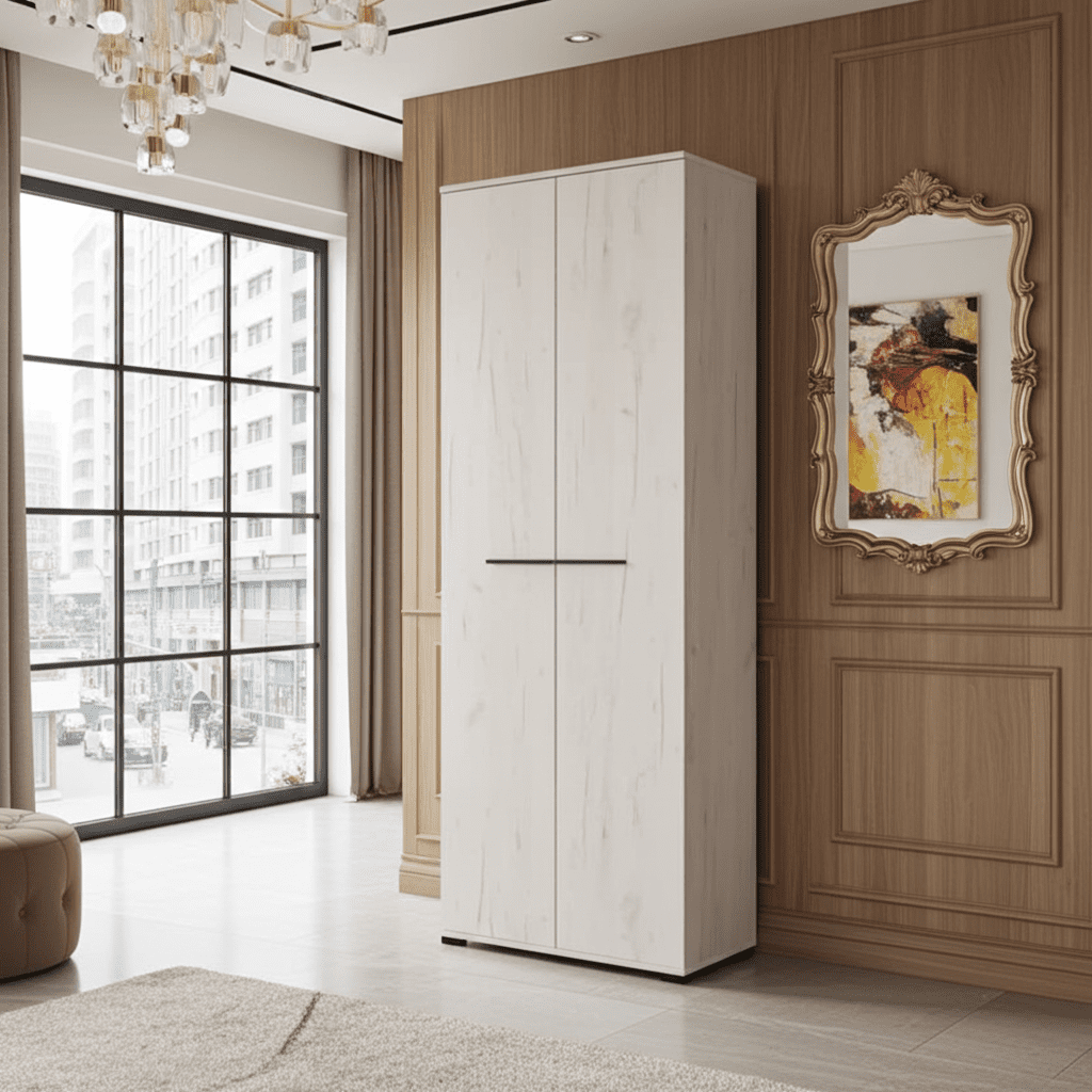 	Amos Mann Furniture Lucerne oak narrow 2 door wardrobe in a modern compact bedroom setting