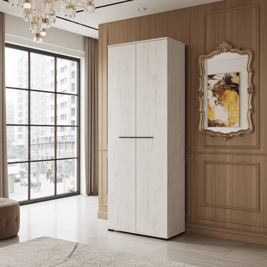 	Amos Mann Furniture Lucerne oak narrow 2 door wardrobe in a modern compact bedroom setting