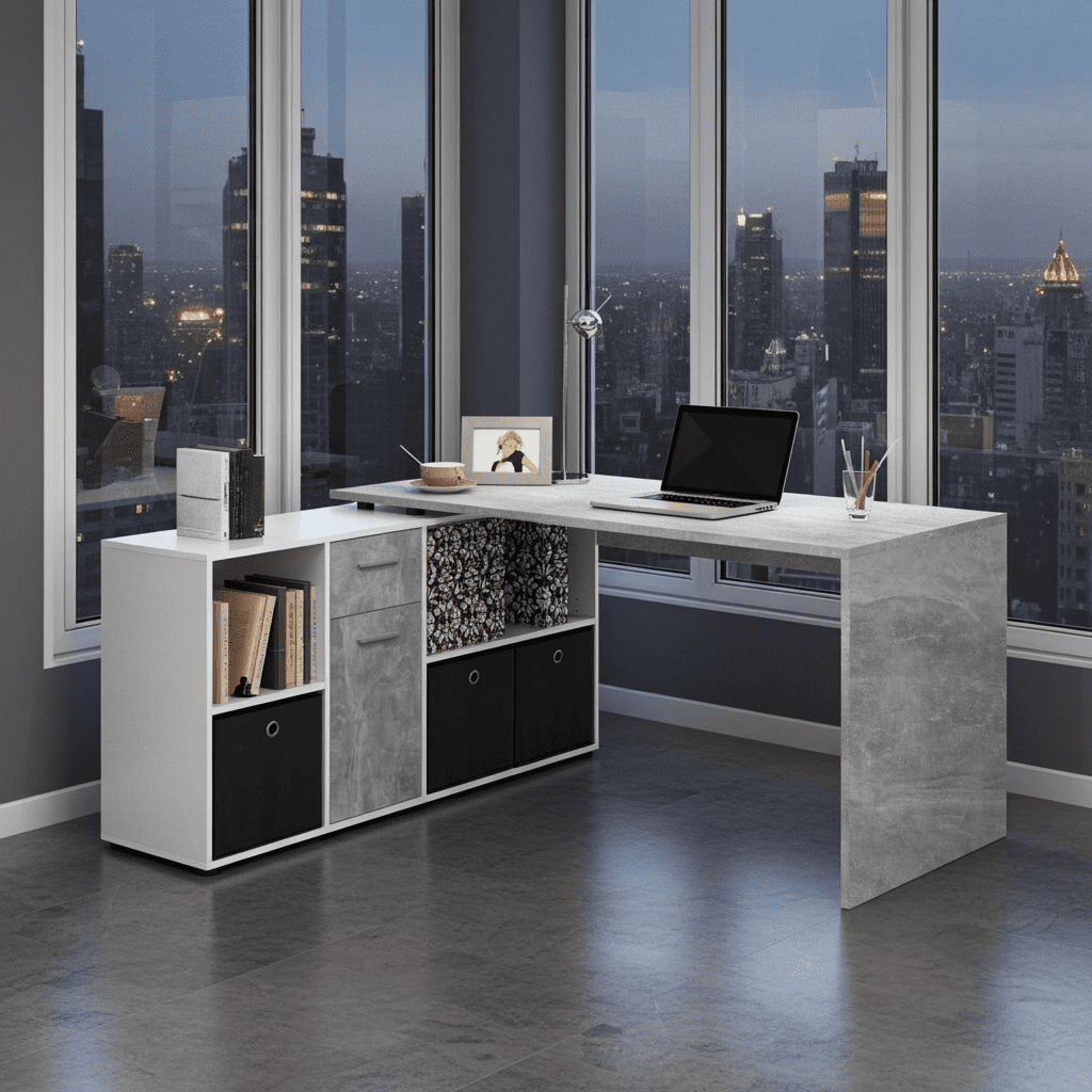 corner desk, flexi desk, reversible desk, concrete grey desk, white desk, home office desk, study desk, office furniture, adaptable desk, Amos Mann Furniture, Luiz desk