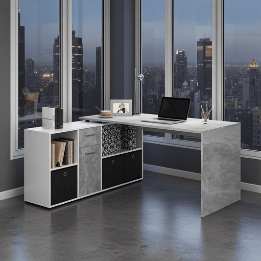 corner desk, flexi desk, reversible desk, concrete grey desk, white desk, home office desk, study desk, office furniture, adaptable desk, Amos Mann Furniture, Luiz desk
