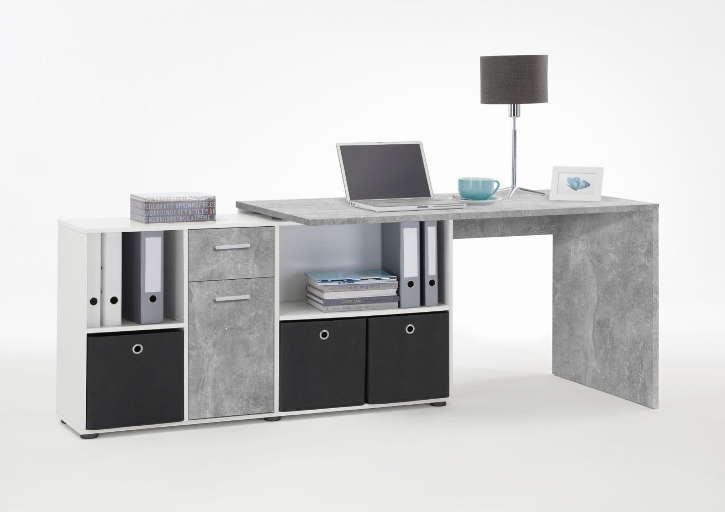 corner desk, flexi desk, reversible desk, concrete grey desk, white desk, home office desk, study desk, office furniture, adaptable desk, Amos Mann Furniture, Luiz desk